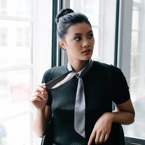 Gray Silk Skinny Scarf, Hair Tie, Headband, Choker