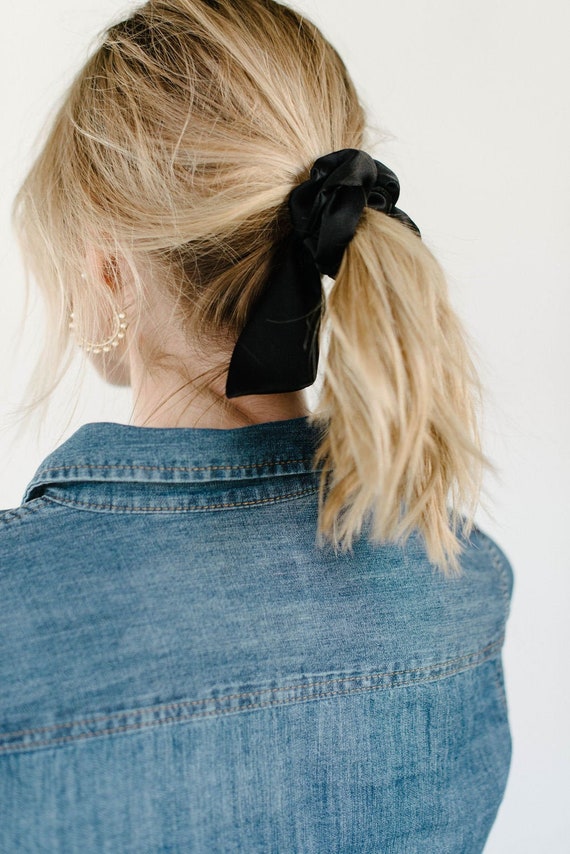Black Silk Scrunchie Ponytail Holder Hair Tie Tails Gift For Etsy