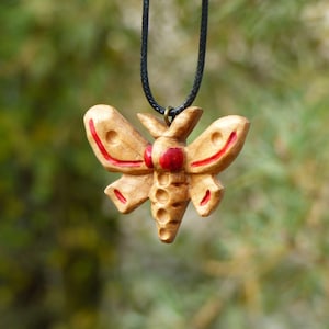 Handmade Cherry Wood Moth Pendant (comes with a cord, wooden box and linen pouch, gift-ready)