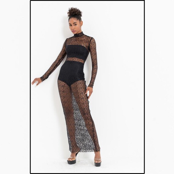 chinese dress ladies Sami Miro Vintage- OPEN SEAM MAXI DRESS IN BLACK ECO MESH  SAMI MIRO  VINTAGE