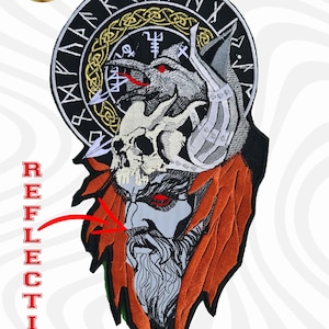 May include: Black and white embroidered patch with a wolf's head, skull, and runes. The wolf's head is surrounded by a circle of runes. The patch is labeled "REFLECTIVE" in red letters.