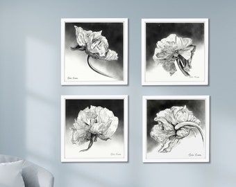 Set of 4 Black White Floral Illustrations, Prints of Original Pencil Drawings,  Charcoal Drawings for Gothic Decor