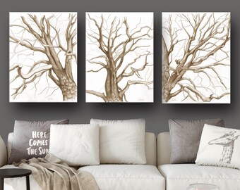 Sepia Tree Art Print Charcoal Drawings, Branches Sketches Triptych, Set of 3 Black White Botanical Illustrations for Nature Lovers