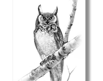 Woodland Wall Decor, Owl Charcoal Drawing Print, Minimalist Black White Art