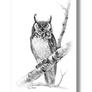 Woodland Wall Decor, Owl Charcoal Drawing Print, Minimalist Black White Art