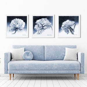 Botanical Floral Illustration Triptych, Set of 3 Flower Prints of Original Charcoal Drawings, Bold Pencil Drawings for Minimalist Decor image 1