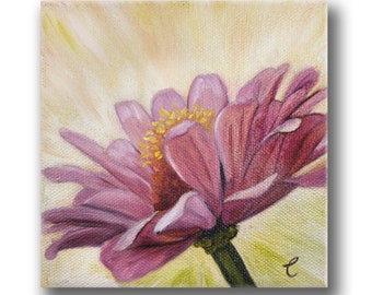 Mini Original Oil Painting Pink White Zinnia Flower, Small 5x5 Pastel Floral Canvas Art, Thinking of You Gift