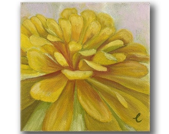 Mini Original Oil Painting Yellow Zinnia Flower, Small 5x5 Bright Floral Canvas Art, Thinking of You Gift