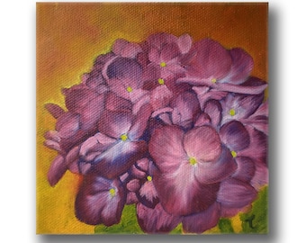 Small Original Hydrangea Oil Painting, Mini Bright Pink Floral Canvas Art,  5x5 Cheer Up Gift