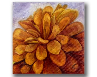 Small Original Orange Zinnia Oil Painting, Small 5x5 Floral Canvas Art Lavender, Thinking of You Gift