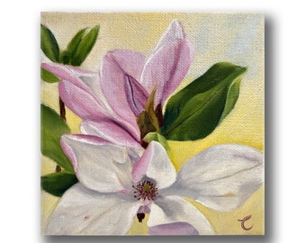 Small Original Oil Painting of Pink Magnolia Flower, Mini 5x5 Canvas Art Yellow, Cheer Up Gift