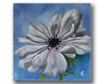 Mini Original Oil Painting White Flower, Small Floral Art of Anemone in Blue White, Thinking of You Gift