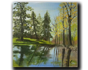 Small Original Oil Landscape Painting,  Canvas Wall Art of Summer Tree Scenery, Thinking of You Gift