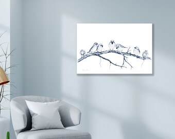 Blue White Drawing Birds on Tree Branch, Print of Original Charcoal Pencil Art of Sparrows