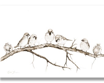 Charcoal Drawing of Birds on Tree Branch, Sepia Print of Original Pencil Drawing of Sparrows