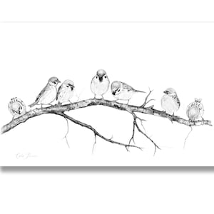 Charcoal Drawing Birds on Tree Branch, Print of Original Black White Pencil Drawing of Sparrows