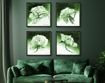 Set of 4 Emerald Green Botanical Prints, Dramatic Floral Illustrations of Original Charcoal Drawings