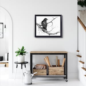 Charcoal Drawing Raven on Tree Branch, Black White Original Pencil Illustration, Bird Wall Art Print image 2