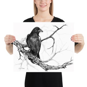 Charcoal Drawing Raven on Tree Branch, Black White Original Pencil Illustration, Bird Wall Art Print image 7