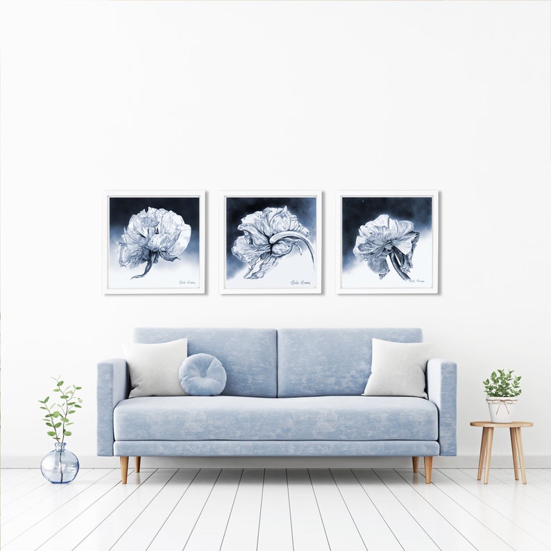 Botanical Floral Illustration Triptych, Set of 3 Flower Prints of Original Charcoal Drawings, Bold Pencil Drawings for Minimalist Decor image 1