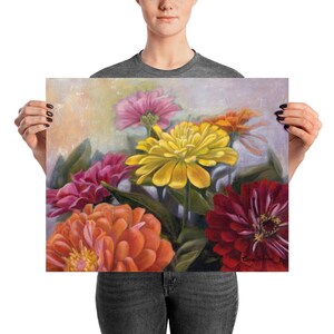 Autumn Decor Art PRINT of Zinnia Flowers, a Colorful Floral Painting for Home and Office Decor, Original Painting Print image 8