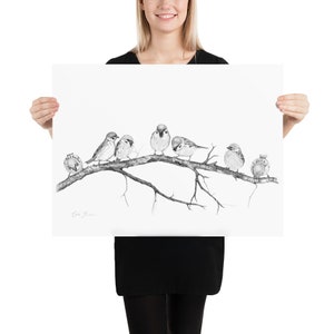 Charcoal Drawing Birds on Tree Branch, Print of Original Black White Pencil Drawing of Sparrows image 10