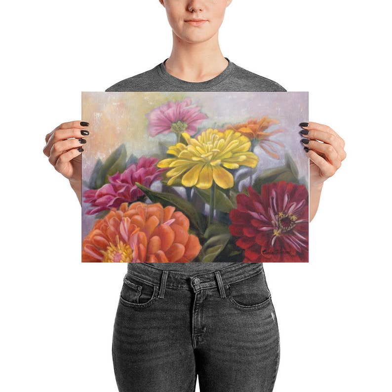 Autumn Decor Art PRINT of Zinnia Flowers, a Colorful Floral Painting for Home and Office Decor, Original Painting Print image 6