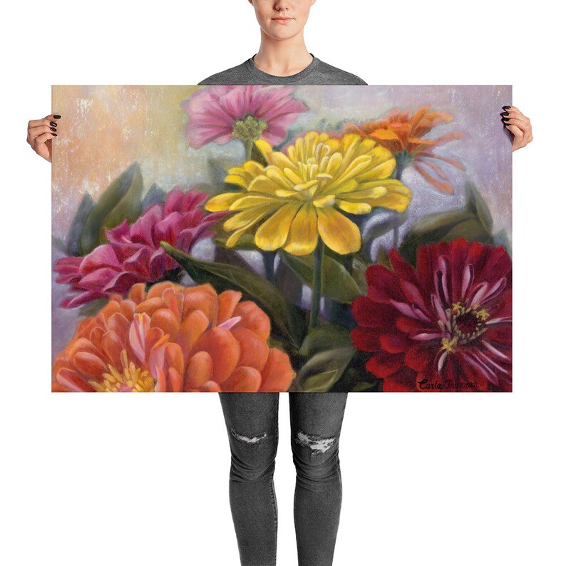 Autumn Decor Art PRINT of Zinnia Flowers, a Colorful Floral Painting for Home and Office Decor, Original Painting Print image 9