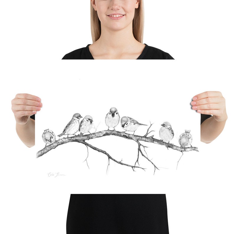 Charcoal Drawing Birds on Tree Branch, Print of Original Black White Pencil Drawing of Sparrows image 9
