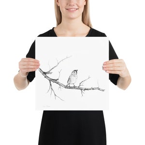 Charcoal Pencil Drawing of Sparrow on Tree Branch, Print of Original Black White Pencil Sketch image 6