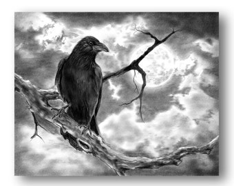 Raven Charcoal Drawing – Moody Bird Wall Art – Gothic Nature-Inspired Print for Study or Entryway