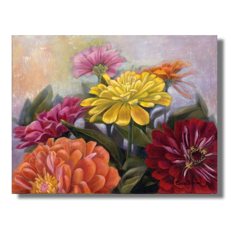 Autumn Decor Art PRINT of Zinnia Flowers, a Colorful Floral Painting for Home and Office Decor, Original Painting Print image 1