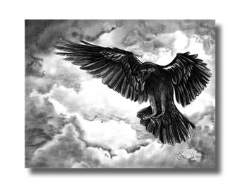 Charcoal Drawing Raven in Moonlight, Black White Original Pencil Drawing Moon Illustration, Halloween Wall Art Print