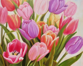 Kleurrijke tulpen schilderij kunst aan de muur print, heldere veelkleurige bloemenboeket van origineel schilderij