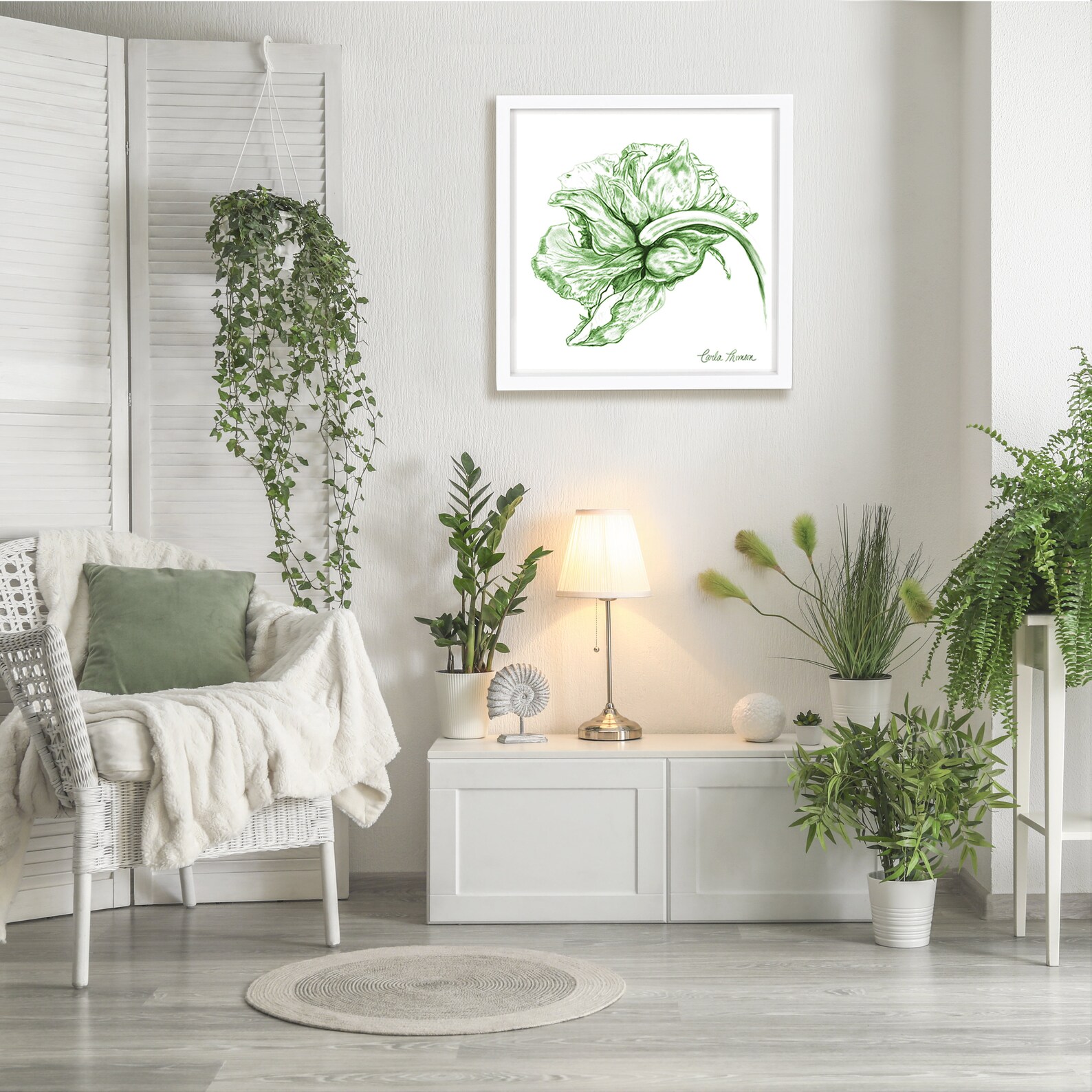 Floral Wall Art Green White Botanical Flower Illustration | Etsy