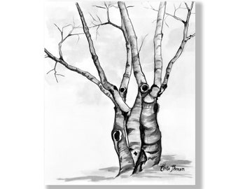 Birches Tree Drawing Wall Art Print of Original Oil Painting / Drawing