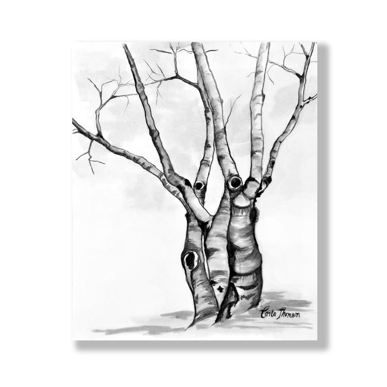 Birches Tree Drawing Wall Art Print of Original Oil Painting / Drawing image 1