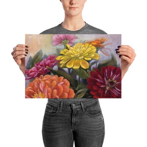 Autumn Decor Art PRINT of Zinnia Flowers, a Colorful Floral Painting for Home and Office Decor, Original Painting Print image 7