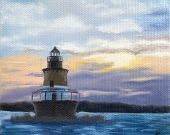 Mini Original Oil Painting, Plum Beach Lighthouse in RI, Tiny Oceanscape Art