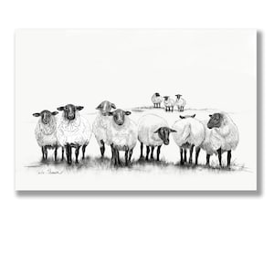 Charcoal Drawing of Sheep, Black and White Print of Original Pencil Drawing of Flock of Sheep