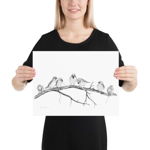 Charcoal Drawing Birds on Tree Branch, Print of Original Black White Pencil Drawing of Sparrows image 7