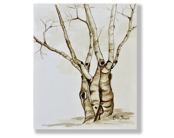 Print of Birch Tree Oil Drawing in Sepia, Botanical Illustration Painting