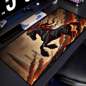 Fiery Horse of Destruction Mousepad, Lava Volcano Fantasy Design, Orange Red Flames, Post-Apocalyptic Scene, Dramatic Office Decor, Unique
