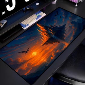 Fantasy Dragon Sunset Mouse Pad, Dark Castle Desk Mat, Fire Sky Gaming Accessory, Floating Fortress Art Gift, RPG Gamer Decor