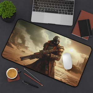 Post-Apocalyptic Warrior Gaming Mousepad, Futuristic Soldier Desk Mat, Sci-Fi Wasteland Mouse Pad, Large Non-Slip Gaming Mat, Gamer Gift