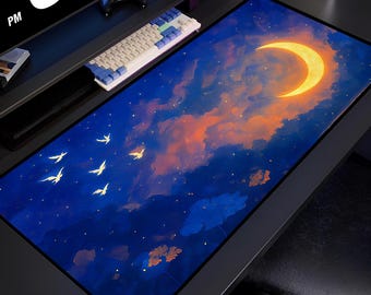 Tappetino da scrivania con luna e cielo, grande tappetino per mouse da gioco, tappetino da scrivania con luna crescente, decorazione da scrivania con cielo notturno estetico, tappetino per tastiera esteso kawaii