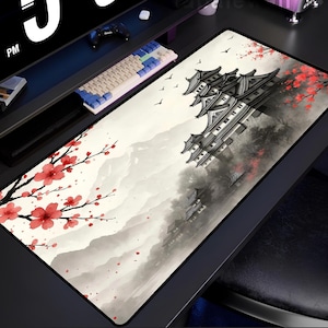 Japanese Castle Mouse Pad, Sakura Blossom Desk Mat, Zen Art Mousepad, Minimalist Japan Desk Decor, Aesthetic Gaming Pad, Office Gift Idea