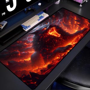 May include: A black and red gaming mouse pad with a fiery wolf design. The wolf is surrounded by flames and lightning.