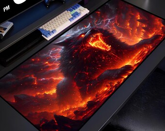 Fire Wolf Gaming Mouse Pad, Epic Hellhound Desk Mat, Large Extended Mousepad with Lava Beast Design, Non-Slip Base for Gamers