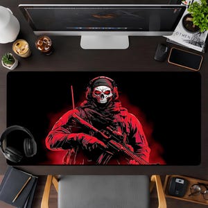 Red Skull Head Mouse Pad, Dark Gaming Desk Mat, Red Black Aesthetic, Tactical Gamer Setup XL XXL